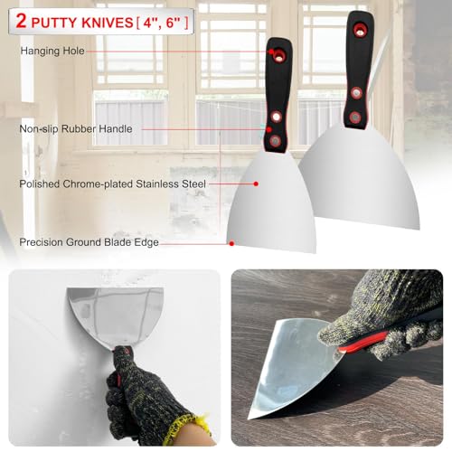 Drywall Hand Tool Kit, 7 Pcs Stainless Steel Drywall Knife Set with Soft Handle, Includes Putty Knife, Taping Knife, Painter Scraper Tool & 13" Mud Pan for Joint Taping, Finishing, Patching - color: Black, 7pcs