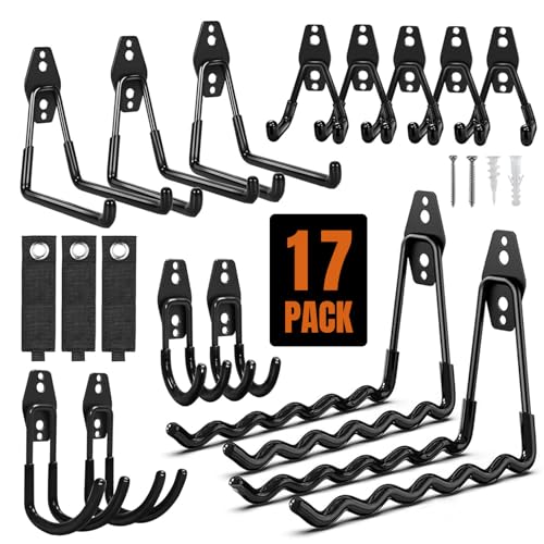 17 Pack Garage Hooks & Extension Cord Storage Straps, Steel Wall Mount Storage Hangers with Anti-Slip Coating for Bike, Ladder, Garden Tools Organization - size: J hook 17PCS