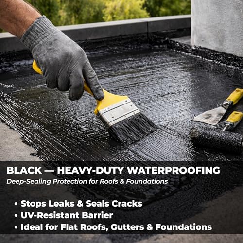 Black Liquid Rubber Waterproof Coating - Industrial Grade Sealer for Foundation & Flat Roof Repair - Heavy Duty Waterproofing Membrane for Concrete, Wood & Metal - UV Resistant - 1 Quart - color: BLACK