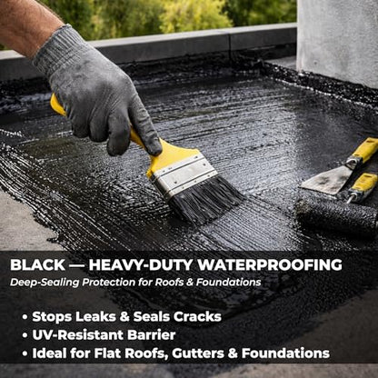 Black Liquid Rubber Waterproof Coating - Industrial Grade Sealer for Foundation & Flat Roof Repair - Heavy Duty Waterproofing Membrane for Concrete, Wood & Metal - UV Resistant - 1 Quart - color: BLACK