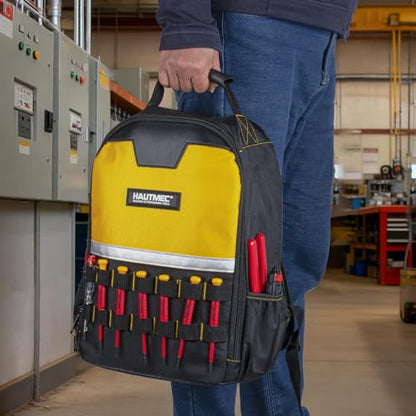 HAUTMEC Tool Backpack with Laptop Compartment, Heavy-Duty 1680D Water-Resistant Tool Bag with Reinforced Hard Base, Double Zipper, Widened Padded Straps for Technicians & Contractors – HTTBM25058 - color: Yellow & Black