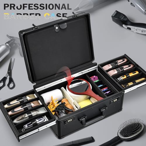 Yueieoun Barber Case with Clippers Sliding Tray, Profesional Barbers Briefcase Tool Case, Barber Cases for Clippers and Supplies, Hair Scissors Trimmer Organizer, Salon Grooming Hard Travel Suitcase - color: Black with Sliding Tray