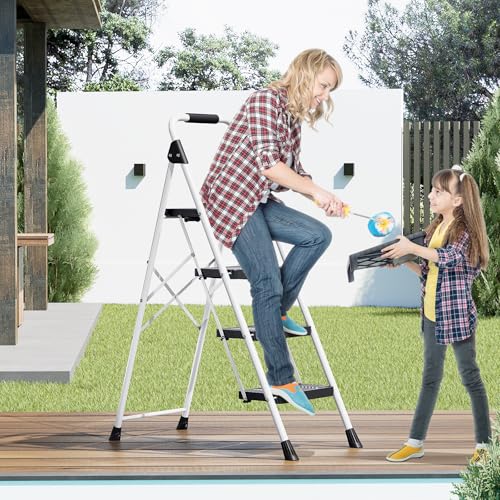 KINGRACK 4 Step Folding Ladder, 800lbs Capacity Step Stool with Safety Lock, Non-Skid Wide Pedals, and Handrail, Lightweight, Household Ladder for Home, Kitchen, Pantry, Closets, and Office Use, White - size: 4-STEP