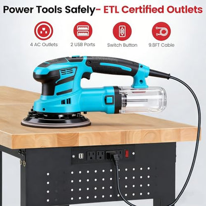 ENJOYWOOD Workbench 84 Inch Heavy Duty Rubber Wood Top Work Bench Adjustable Height Work Table 5000 Lbs Load Capacity with Power Outlets & Extended Pegboard for Garage, Home, Office - size: X-Large