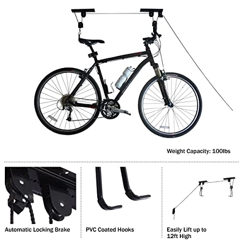 Bike Hanger - Overhead Hoist Pulley System with 100lb Capacity for Bicycles or Ladders - Secure Garage Ceiling Storage by Rad Sportz - size: 2-Pack