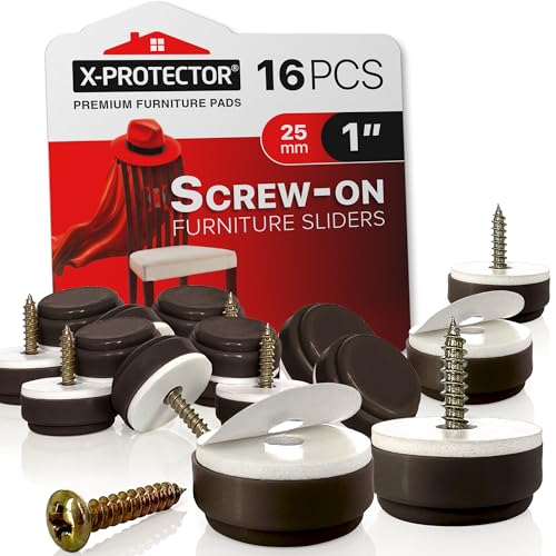 Chair Glides X-PROTECTOR – 16 PCS 1" Furniture Glides – Screw-On Chair Sliders – Premium Chair Leg Floor Protectors – Slide Furniture Effortlessly on All Floor Types with Small Furniture Sliders! - size: 1 inch (16 pieces) - Brown