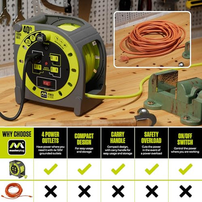 Masterplug 40ft Case Cord Reel, Retractable Extension Lead with Winding Handle, Safety Overload Circuit Breaker and Power Switch, 4X Grounded Outlets, 13amps, 14AWG Cable - size: 40ft