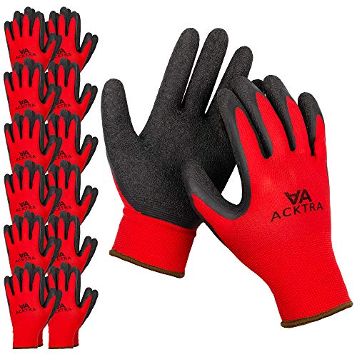 ACKTRA Coated Nylon Safety WORK GLOVES 12 Pairs, Knit Wrist Cuff, Multipurpose, for Men & Women, WG008 Red Polyester, Black Latex, Large - color: Red / Black, size: Large (Pack of 12)
