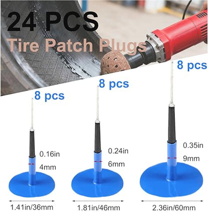 TP-M13W Combination Repair Unit Kit, Tire Repair Patch Plug Kit 1/6" x 1 3/8", 1/4" x 1 3/4" and 3/8" x 2 3/8" Wrapped stem 8 pcs Each - size: 0.16 x 1.42 ,0.24 x 1.77 ,0.35 x 2.36 Inch
