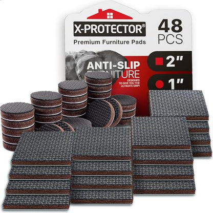 Non Slip Furniture Pads X-PROTECTOR 48 PCS - 32 pcs 1” Round + 16 pcs 2" Square Furniture Grippers! Rubber Feet Hardwood Floor Protectors for Furniture Legs - Couch Stoppers - Keep Furniture in Place! - size: 1 inch + 2