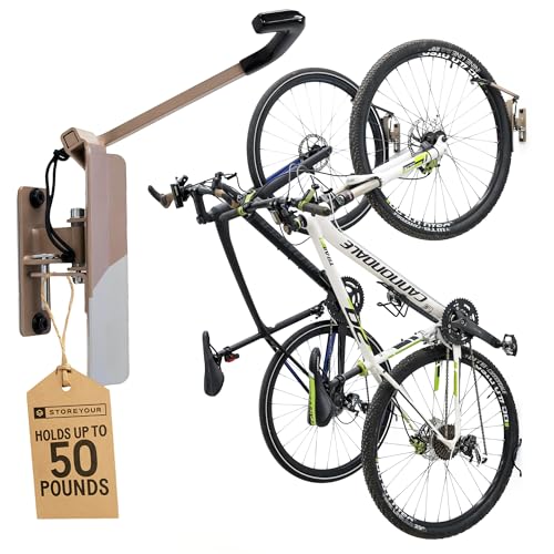 StoreYourBoard Bike Hangers for Garage | Garage Bike Rack Wall Mount, Vertical Bicycle Rack for Garage | 124° Swivel Bike Wall Mount with Stopper, Holds 50lbs, Fits All Wheel Diameters, Max 2.6” Tires - color: MUD, size: 2 Pack Heavy Duty Swivel Bike Rack