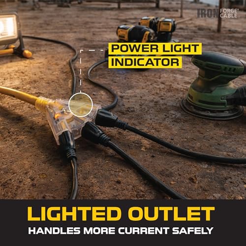 IRON FORGE CABLE 10 Foot Lighted Outdoor Extension Cord with 3 Electrical Power Outlets - 12/3 SJTW Heavy Duty Yellow Extension Cable with 3 Prong Grounded Plug for Safety, 15 AMP - size: 10 Foot, style: 1 Pack