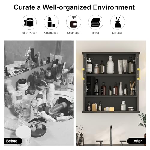 Black Chevron Pattern Bathroom Wall Cabinet, Modern Hanging Medicine Cabinet with Gold Hardware, Space-Saving Over Toilet Storage Organizer (23 5/8" x 22 7/8" x 7 1/8") - style: Chevron Pattern-Black