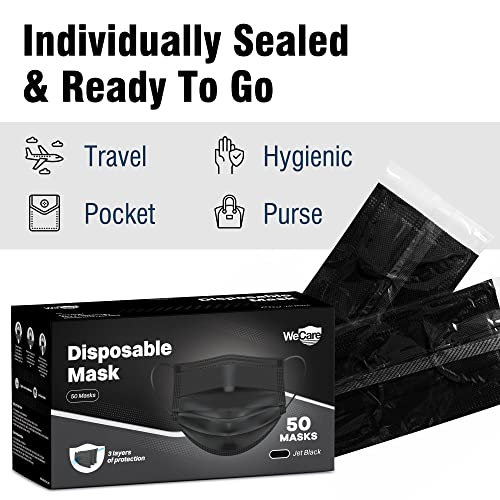 WECARE Disposable Face Mask Individually Wrapped - 50 Pack, Printed Masks - 3 Ply - color: Jet Black