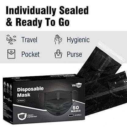 WECARE Disposable Face Mask Individually Wrapped - 50 Pack, Printed Masks - 3 Ply - color: Jet Black
