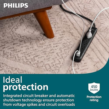 Philips 4-Outlet Surge Protector, 4ft Braided Cord, 1-USB-C, 1-USB-A, Extension Cord, Power Strip, for Home, School, or Office, 15W, 450J, Black, SPP3393B/37 - style: 4 Outlet | USB-C
