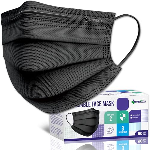 Medtecs Face Mask Disposable – Available in 50 & 2,000 pcs – ASTM Level 1, 3-Ply Breathable, Soft Fit – Adult Size – Ideal for Commuting & Daily Wear - color: 01. Black, size: Adult - 50PC