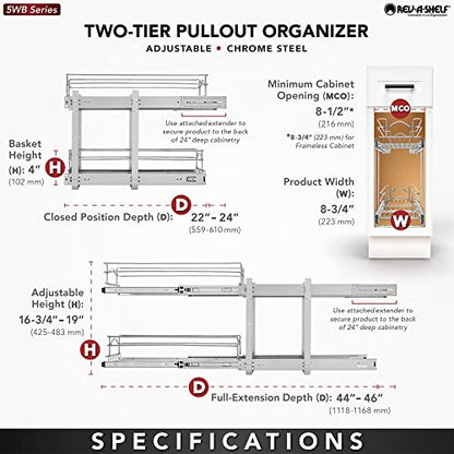 Rev-A-Shelf 2-Tier Kitchen Cabinet Pullout Shelf and Drawer Organizer Slide Out Pantry Storage Basket in Multiple Sizes, 9 x 22 In, 5WB2-0922CR-1 - size: 9" W X 22"d, style: Two Tier