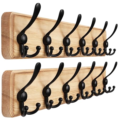 Dseap Coat Rack Wall Mounted - 24" Long 6 Tri Hooks, Heavy Duty Wooden Wall Coat Hanger Coat Hook for Clothes Hat Jacket Clothing, Weathered Light Natural and Black, Pack of 2 - color: Light Brown & Black, size: L=24"