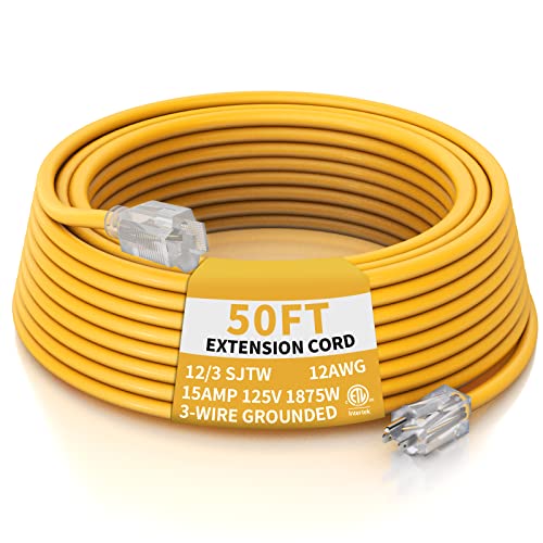 PLUGTUL 12 Gauge Extension Cord 50 Ft, Heavy Duty Outdoor Extension Cord Waterproof Lighted End SJTW, 3 Prong Grounded Plug for Safety, 15A 1875W, ETL Listed, Great for Garden and Home, Yellow - size: 50FT