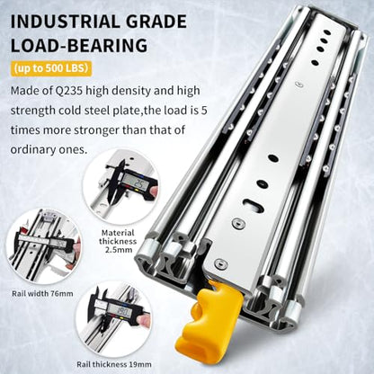 YENUO Heavy Duty Drawer Slides with Lock 12 14 16 18 20 22 24 26 28 30 32 34 36 38 40 44 48 52 56 60 Inch Full Extension Side Mount Ball Bearing Locking Rails Track Glides Runners Load 500 Lbs 1 Pair - size: 12 Inch, style: Load:500 lb (With lock) -W:76mm