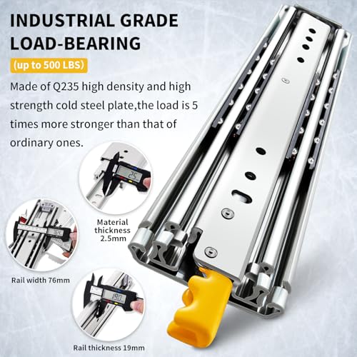 YENUO Heavy Duty Drawer Slides with Lock 12 14 16 18 20 22 24 26 28 30 32 34 36 38 40 44 48 52 56 60 Inch Full Extension Side Mount Ball Bearing Locking Rails Track Glides Runners Load 500 Lbs 1 Pair - size: 16 Inch, style: Load:500 lb (With lock) -W:76mm