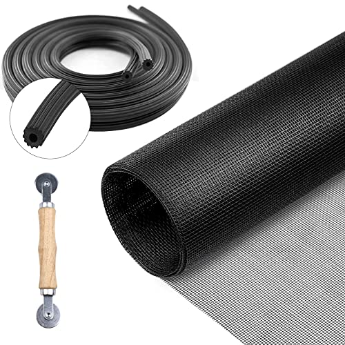 Screen Repair Kit for Windows and Doors 48” x 100" Adjustable Fiberglass Screens with Rolling Tool and Screen Retainer Spline - color: Black
