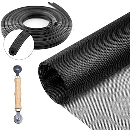 Screen Repair Kit for Windows and Doors 48” x 100" Adjustable Fiberglass Screens with Rolling Tool and Screen Retainer Spline - color: Black