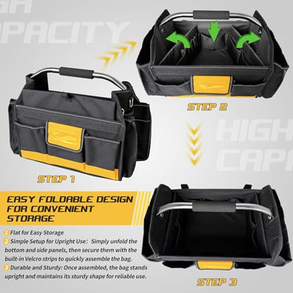 18 Inch Open Top Tool Bag, Tool Bags for Men with 30 Pockets, 1680D Waterproof Fabric, Foldable Electrician Tool Bag with Rotating Handle, Reflective Tool Organizer for Men, Yellow - color: Black-Yellow