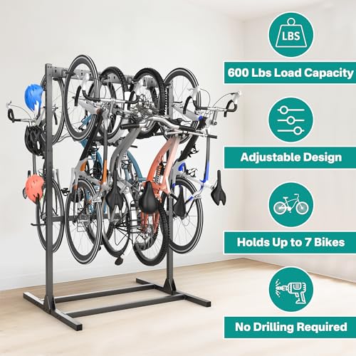 EVERHANGER Freestanding Bike Stand Rack with Adjustable Hooks, Vertical Bike Stand for Garage, Bicycle Storage Organizer, Holds Up to 7 Bikes & 7 Helmets - style: 7 Bike & 7 Helmet Hooks