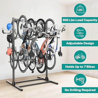 EVERHANGER Freestanding Bike Stand Rack with Adjustable Hooks, Vertical Bike Stand for Garage, Bicycle Storage Organizer, Holds Up to 7 Bikes & 7 Helmets - style: 7 Bike & 7 Helmet Hooks