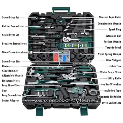CARTMAN 238-Piece Tool Set with Socket Wrench & Auto Repair Tools Mixed General Household Hand Tool Kit, Green Plastic Toolbox Storage Case Comprehensive DIY, Home & Car Maintenance - color: Green