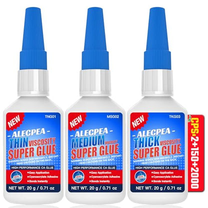 2/150/2000 CPS (Thin/Medium/Thick) CA Glue, Cyanoacrylate Super Glue Wood, Glass, Metal, Paper, Leather, Plastic, Ceramic, Rubber, Jewelry, Woodworking, Hobby Models, and Craft Project 60g(2oz) - size: Clear/2CPS+150CPS+2000CPS