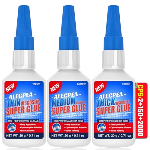 2/150/2000 CPS (Thin/Medium/Thick) CA Glue, Cyanoacrylate Super Glue Wood, Glass, Metal, Paper, Leather, Plastic, Ceramic, Rubber, Jewelry, Woodworking, Hobby Models, and Craft Project 60g(2oz) - size: Clear/2CPS+150CPS+2000CPS