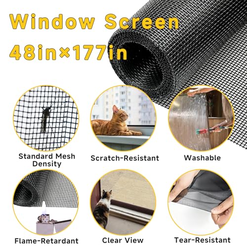 48"x177" Window Screen Replacement Kit & Screen Door Repair Kit, Fiberglass Mesh Roll with Spline, Roller, Hook, Cutter & Ruler, Sliding Screen Door & Window Mesh Replacement for Patio, Porch, Home - size: 48'' x 177''