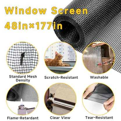 48"x177" Window Screen Replacement Kit & Screen Door Repair Kit, Fiberglass Mesh Roll with Spline, Roller, Hook, Cutter & Ruler, Sliding Screen Door & Window Mesh Replacement for Patio, Porch, Home - size: 48'' x 177''