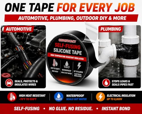 Self-Fusing Silicone Tape 1" x 5' x 20mil – Black Rubber Emergency Repair Tape – Waterproof, Heat-Resistant, Insulating, Chemical-Resistant, No Residue – for Automotive, Electrical & Outdoor Use - color: (Black)1" x 5'