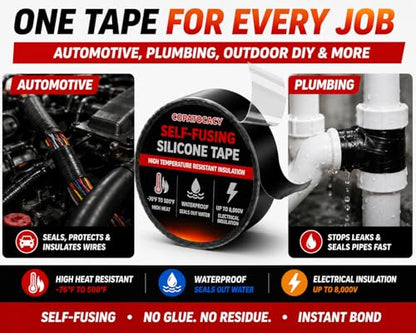 Self-Fusing Silicone Tape 1" x 5' x 20mil – Black Rubber Emergency Repair Tape – Waterproof, Heat-Resistant, Insulating, Chemical-Resistant, No Residue – for Automotive, Electrical & Outdoor Use - color: (Black)1" x 5'