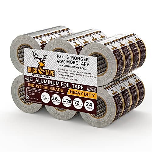 24 Pack Buck Aluminum Foil Tape – 2 Inch x 216ft (72 yd), 3.6 Mil – HVAC Tape for Ductwork, AC, Dryer Vents & Insulation – Silver Foil Tape for Metal Repair, Exhaust Sealing & Air Conditioning - size: 2 Inch, style: 24 Pack