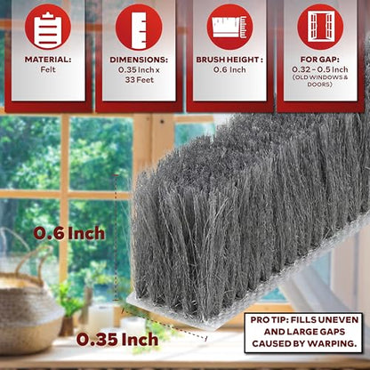 XFasten Self Adhesive Weather Stripping for Windows and Doors, 0.35" x 33 Ft Soundproofing Door Brush Seal Draft Stopper, Gray Insulation Seal Strip for Summer Heat, Winter Draft Blocker, 0.6" Thick - size: 0.6" Thick (0.35-Inch x 33 Feet)
