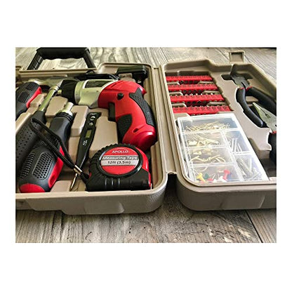 Apollo Tools 161-Piece Complete Household Tool Set with 3.6 Volt Lithium-Ion Cordless Screwdriver and Most Needed Hand Tools Selection for Boats, Vehicle and Garage - Red - DT0739