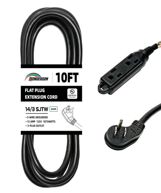 3-Outlets Flat Plug Indoor Extension Cord Outlet Extender, UL Certified, 14 Gauge 10FT Black 3 Prong Heavy Duty, 14/3 SJTW 15A Power Strip - color: Black, size: 10FT, style: 14/3