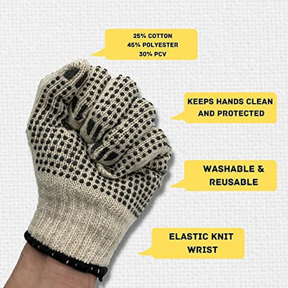 PackagingSuppliesByMail PSBM Cotton Work Gloves with Dotted Grip, Double Sided PVC Dots Provide Maximum Grip - size: Large, style: 12 Pairs