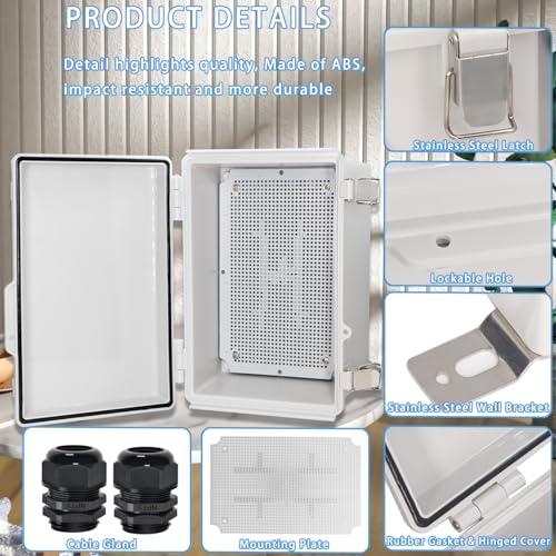 Zulkit Junction Box,IP67 Waterproof Electrical Box Hinged Cover Stainless Steel Latch Plastic Enclosure for Project w Mounting Plate Wall Bracket and 2 Cable Gland Grey 11"x7.5"x5.5"/280x190x140mm - color: Grey Cover, size: 11"x7.5"x5.5"