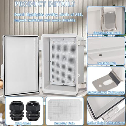 Zulkit Junction Box,IP67 Waterproof Electrical Box Hinged Cover Stainless Steel Latch Plastic Enclosure for Project w Mounting Plate Wall Bracket and 2 Cable Gland Grey 11"x7.5"x5.5"/280x190x140mm - color: Grey Cover, size: 11"x7.5"x5.5"