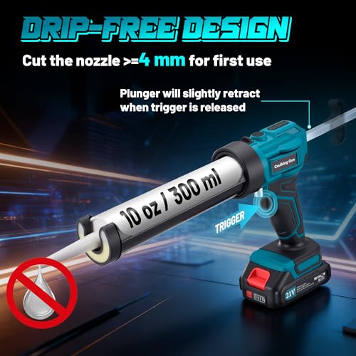 Electric Caulking Gun Cordless with 21V 2 * 2000mAh Rechargeable Batteries, 4 Adjustable Speeds up to 190 mm/min, 450LM built-in LED Light, 9 Pcs Silicone Caulking Tools set for Filling, Sealing