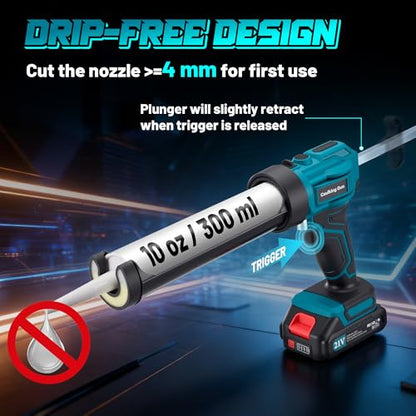 Electric Caulking Gun Cordless with 21V 2 * 2000mAh Rechargeable Batteries, 4 Adjustable Speeds up to 190 mm/min, 450LM built-in LED Light, 9 Pcs Silicone Caulking Tools set for Filling, Sealing