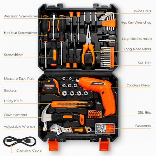 140 Piece Tool Set, Portable Tool Box with Cordless Drill, Home Repair Hand Tool Kit, General Household Drill Set for Homeowner, DIY, Handyman, Women