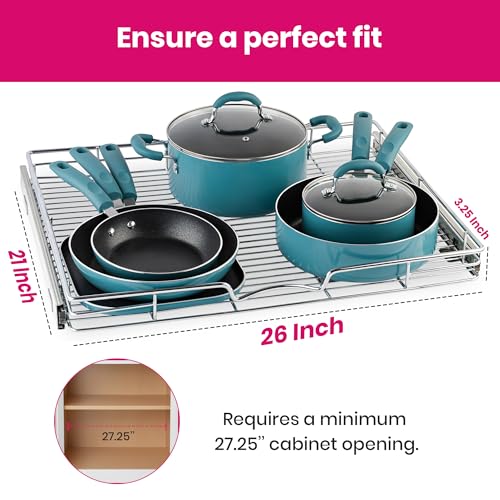 HOLDN’ STORAGE Pull Out Cabinet Organizer, Heavy Duty Caddy w/Lifetime Limited Warranty -26”W x 21”D - Requires At Least 27-1/4” Cabinet Opening, Steel Metal Cabinet Drawers Slide Out, Chrome - size: 26"W x 21"D