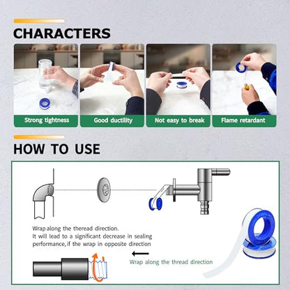 4 Rolls 1/2 Inch(W) X 520 Inches(L) Teflon Tape PTFE Thread Sealant Plumbers Tape for Seal Water Pipe, Shower Head,Prevent Leakage, White